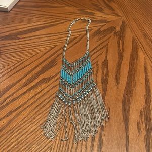 NWOT WOMEN NO BRAND TURQUOISE & SILVERTONE BEADED CHAIN LONG NECKLACE GIFT SET.